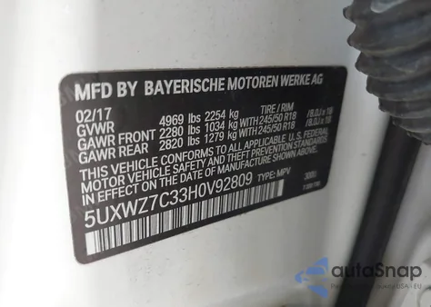 2017 BMW X3 Sdrive28I из США, поврежденный, VIN 5UXWZ7C33H0V92809